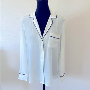 EUC EQUIPMENT SILK White Button-Up Pajama Top with Black Trim SIZE SMALL